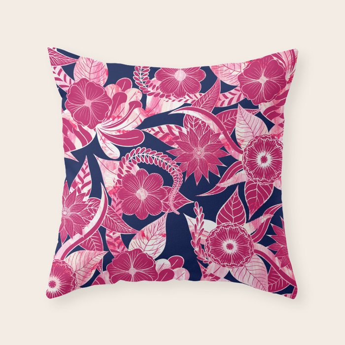 Artsy Modern Fuschia Navy Acrylic Floral Leaves Throw Pillow by La
