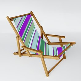 [ Thumbnail: Vibrant Dark Sea Green, Powder Blue, Sea Green, Light Cyan & Dark Violet Colored Lines Pattern Sling Chair ]