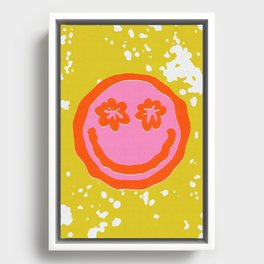 Wavy Smiley Face With Retro Flower Eyes Framed Canvas