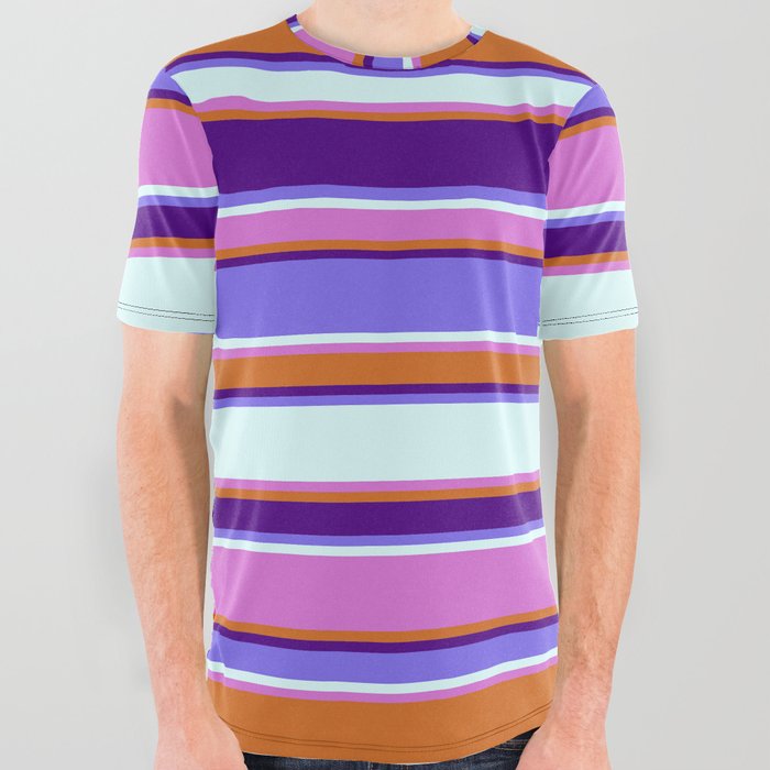 Colorful Chocolate, Indigo, Medium Slate Blue, Light Cyan, and Orchid Colored Stripes Pattern All Over Graphic Tee