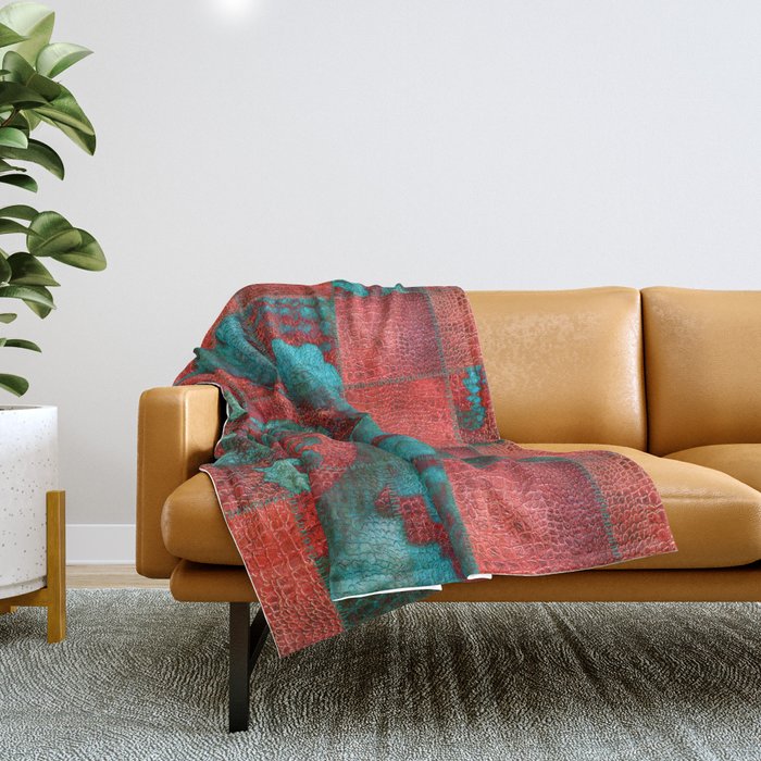 Abstract Red and Teal Snack on Leather Texture Throw Blanket
