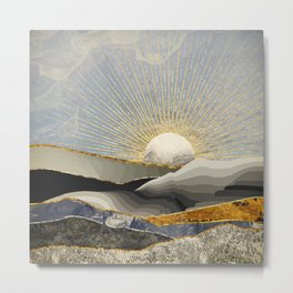 Morning Sun Metal Print | Landscape, Illustration, Hills, Sun, Nature, Black, Sky, Watercolor, Silver, Contemporary 