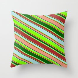[ Thumbnail: Vibrant Powder Blue, Chartreuse, Brown, Dark Salmon & Dark Green Colored Lined/Striped Pattern Throw Pillow ]
