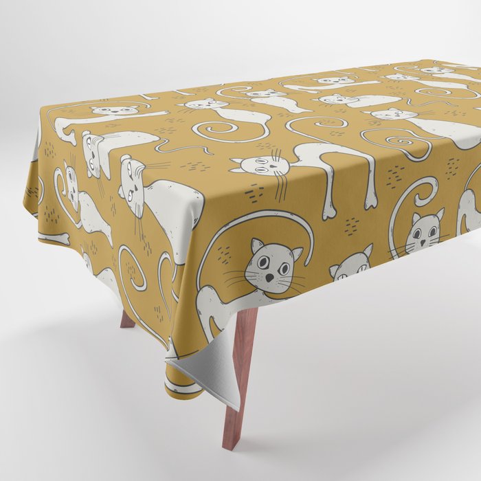 Mustard yellow and off-white cat pattern Tablecloth