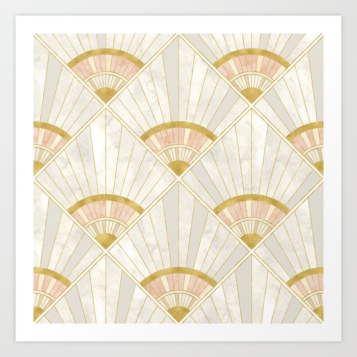Pastel Blush Art Deco Pattern with Marbled Details and Metallic Gold Element Art Print
