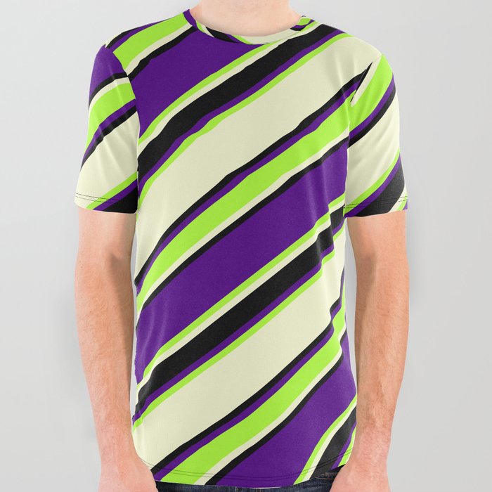 Indigo, Light Green, Light Yellow, and Black Colored Stripes Pattern All Over Graphic Tee