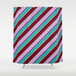 [ Thumbnail: Plum, Maroon & Light Sea Green Colored Pattern of Stripes Shower Curtain ]