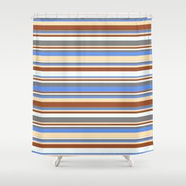 [ Thumbnail: Colorful Sienna, Mint Cream, Gray, Cornflower Blue & Beige Colored Striped Pattern Shower Curtain ]