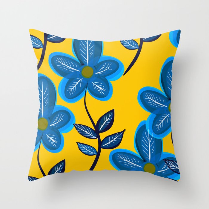 Blue Flowers and Yellow Pattern Throw Pillow