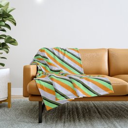 [ Thumbnail: Colorful Green, Dark Orange, Lavender, Dark Olive Green, and Black Colored Lined Pattern Throw Blanket ]
