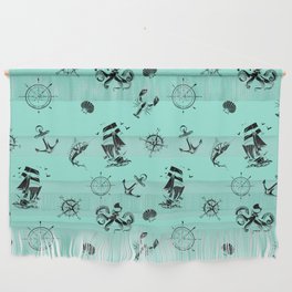 Mint Blue And Black Silhouettes Of Vintage Nautical Pattern Wall Hanging