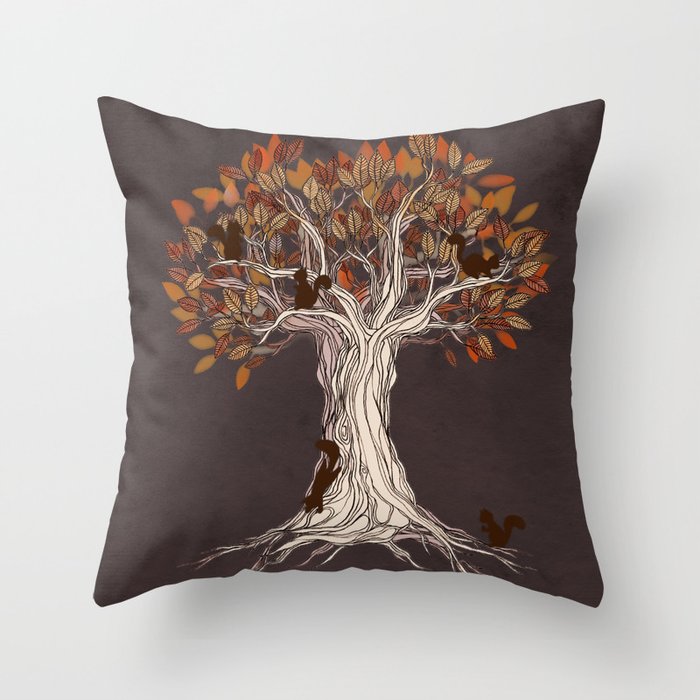 Little Visitors - Autumn tree illustration with squirrels Throw Pillow