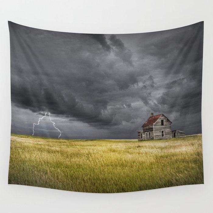 Thunderstorm on the Prairie with abandoned farmhouse Wall Tapestry