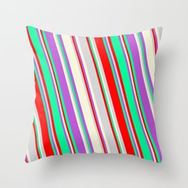 [ Thumbnail: Colorful Orchid, Green, Red, Light Gray, and Beige Colored Striped/Lined Pattern Throw Pillow ]