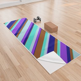 [ Thumbnail: Eyecatching Purple, Light Blue, Turquoise, Brown & Blue Colored Striped Pattern Yoga Towel ]