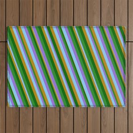 [ Thumbnail: Vibrant Purple, Light Sky Blue, Dark Goldenrod, Dark Green, and Forest Green Colored Lines Pattern Outdoor Rug ]