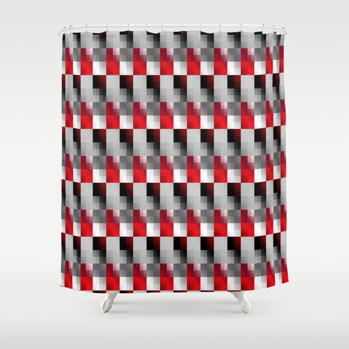Retro Square Patterns In Red Black Grey And White Shower Curtain