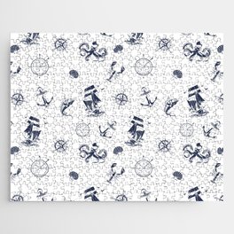 Navy Blue Silhouettes Of Vintage Nautical Pattern Jigsaw Puzzle