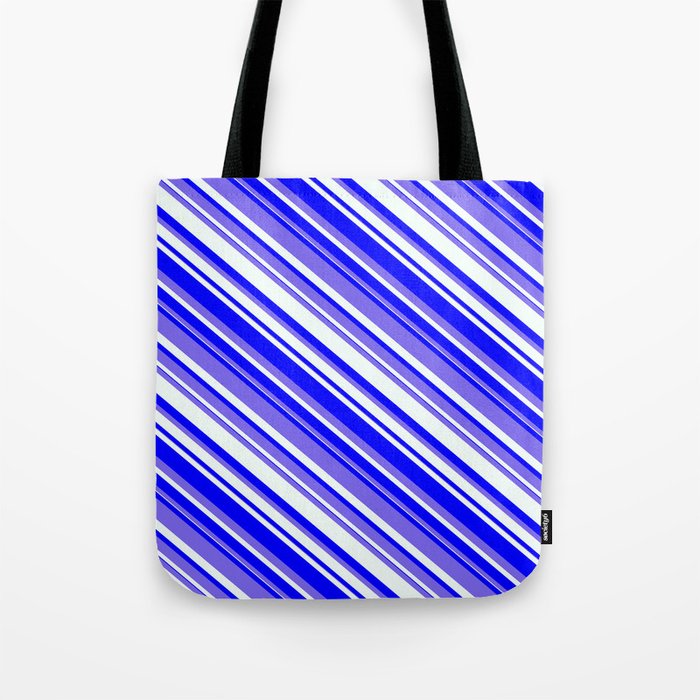 Medium Slate Blue, Mint Cream, and Blue Colored Lines Pattern Tote Bag
