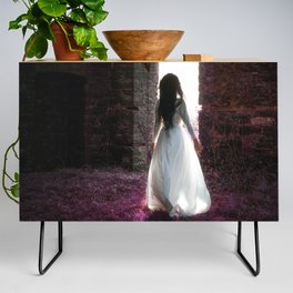 Dreams of lavender; female in beautiful white gown on spring morning walking into sunlight portrait magical realism fantasy color photograph / photography Credenza