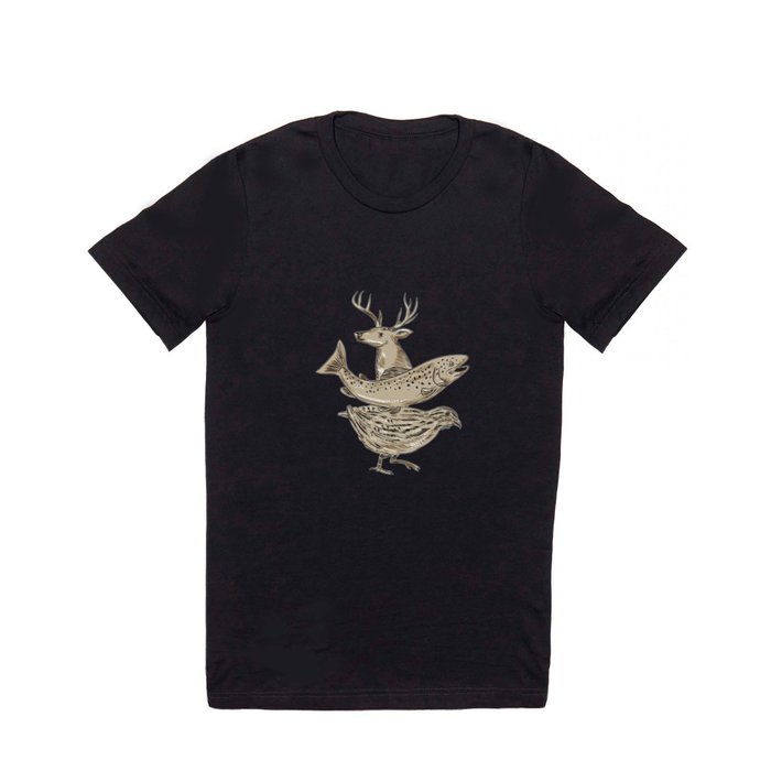 Deer Trout Quail Drawing T Shirt