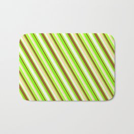 [ Thumbnail: Colorful Green, Tan, Mint Cream, Light Green & Sienna Colored Lines/Stripes Pattern Bath Mat ]