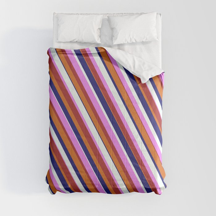 Eyecatching Chocolate, Midnight Blue, Mint Cream, Violet & Brown Colored Lines Pattern Comforter