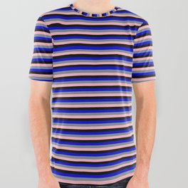 [ Thumbnail: Blue, Light Slate Gray, Light Pink, and Black Colored Lines/Stripes Pattern All Over Graphic Tee ]