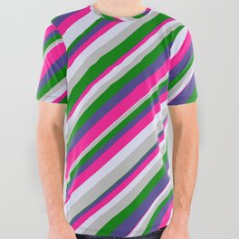 [ Thumbnail: Eye-catching Dark Slate Blue, Deep Pink, Lavender, Grey, and Green Colored Striped/Lined Pattern All Over Graphic Tee ]