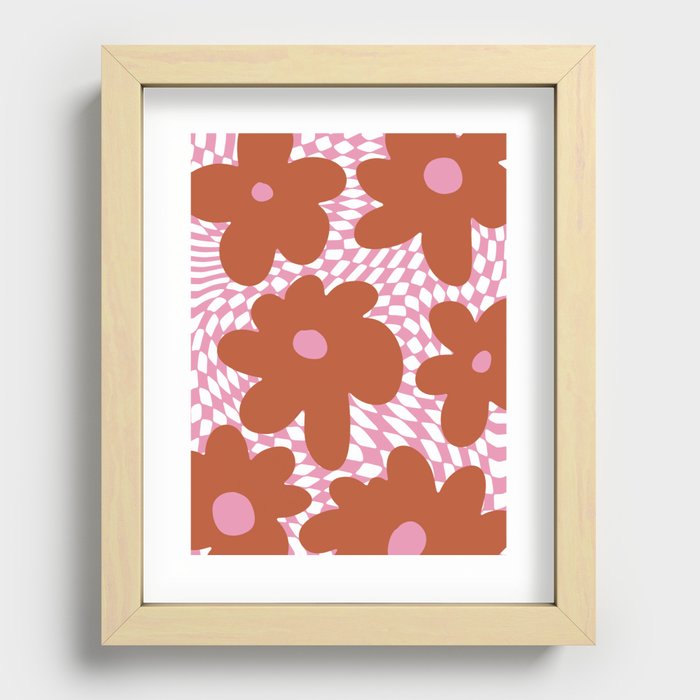  Retro Flowers on Warped Checkerboard \\ MUTED PINK & TERRACOTTA COLOR PALETTE Recessed Framed Print