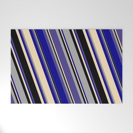 [ Thumbnail: Dark Gray, Dark Slate Blue, Dark Blue, Tan, and Black Colored Striped Pattern Welcome Mat ]