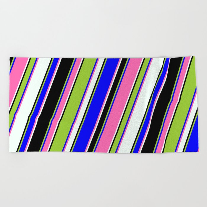 Eye-catching Green, Blue, Hot Pink, Mint Cream & Black Colored Pattern of Stripes Beach Towel
