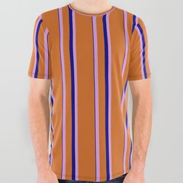 [ Thumbnail: Chocolate, Plum, and Blue Colored Lined/Striped Pattern All Over Graphic Tee ]