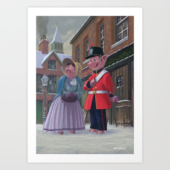 Victorian pigs on a romantic date in snowy street Art Print