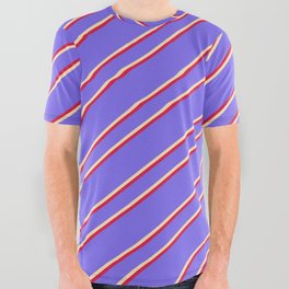 [ Thumbnail: Medium Slate Blue, Beige, and Crimson Colored Stripes Pattern All Over Graphic Tee ]