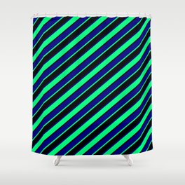 [ Thumbnail: Blue, Green & Black Colored Striped/Lined Pattern Shower Curtain ]