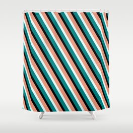 [ Thumbnail: Dark Salmon, Light Cyan, Teal & Black Colored Lined/Striped Pattern Shower Curtain ]