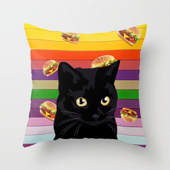 Black cat and burgers, Black cat collage Throw Pillow