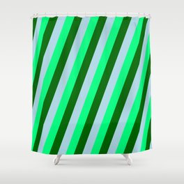 [ Thumbnail: Light Blue, Green, and Dark Green Colored Pattern of Stripes Shower Curtain ]