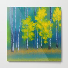 Yellow Streamside Metal Print | Aspens, Softcolor, Summer, Landscape, Watercolor, Curated, Mellow, Pleasant, Acrylic, Blue 