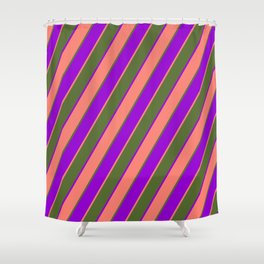 [ Thumbnail: Dark Olive Green, Dark Violet & Salmon Colored Striped/Lined Pattern Shower Curtain ]