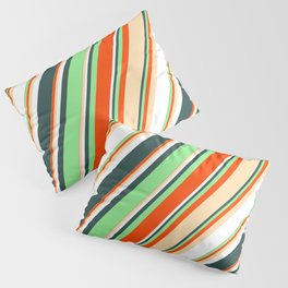 [ Thumbnail: Light Green, Red, Tan, White, and Dark Slate Gray Colored Striped Pattern Pillow Sham ]
