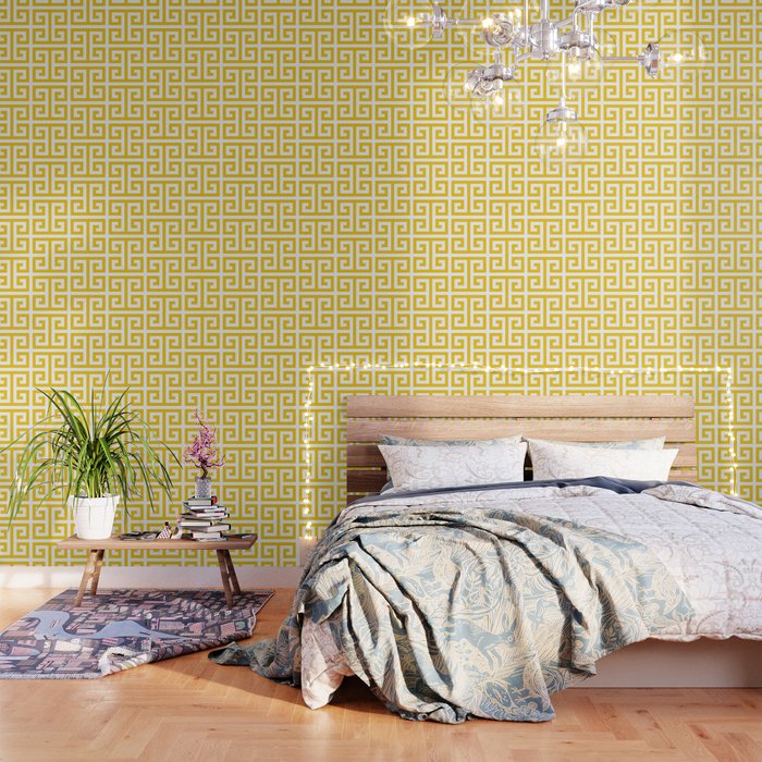 Large Gold And White Greek Key Pattern Wallpaper By Annaleeblysse