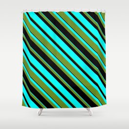 [ Thumbnail: Green, Black, and Aqua Colored Lined Pattern Shower Curtain ]