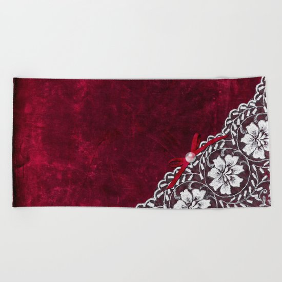Elegant white Vintage Lace with pearl and ribbon on dark red grunge backround Beach Towel