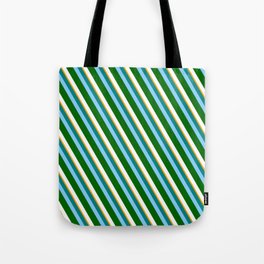 [ Thumbnail: Vibrant Teal, Light Sky Blue, Dark Green, White, and Orange Colored Pattern of Stripes Tote Bag ]