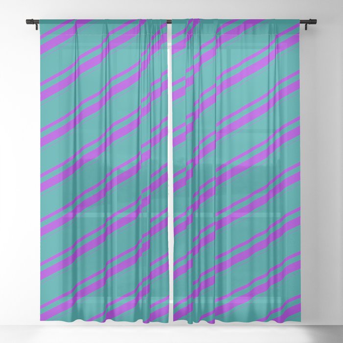 Dark Cyan & Dark Violet Colored Lines/Stripes Pattern Sheer Curtain
