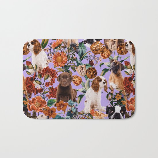 Dog and Floral Pattern Bath Mat
