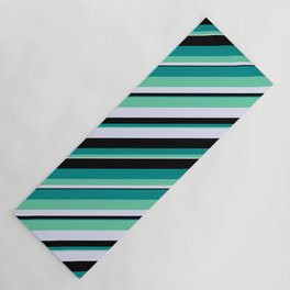 [ Thumbnail: Dark Cyan, Aquamarine, Lavender & Black Colored Pattern of Stripes Yoga Mat ]