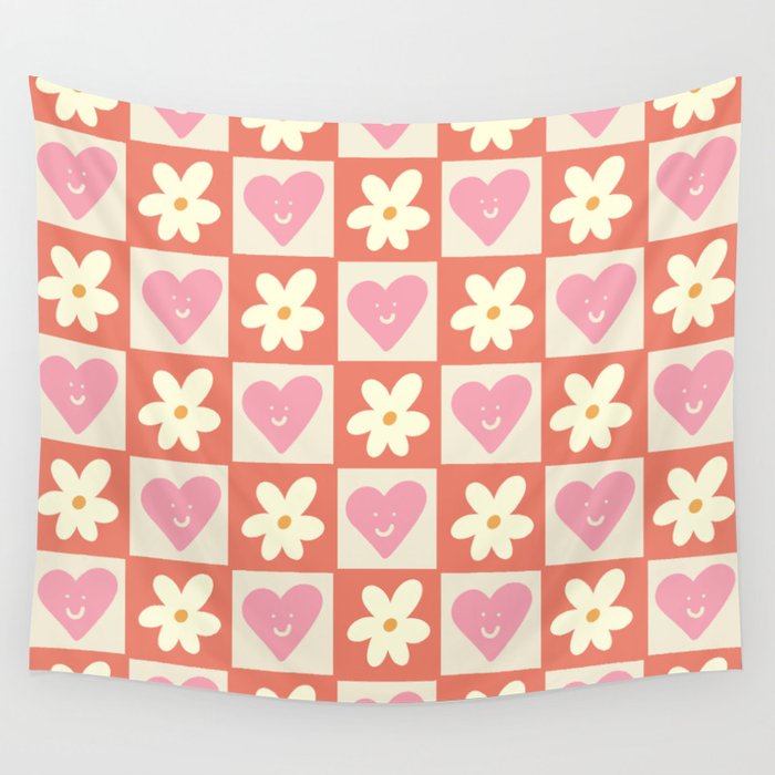 Spring of Flowers and Love - Orange and Pink Happy Wall Tapestry